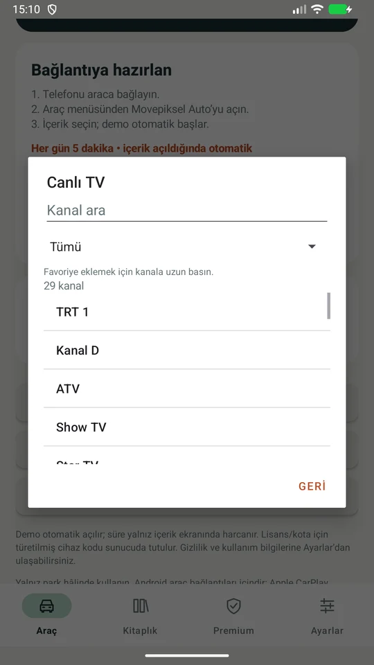 Telefonda arama ve kategori seçenekleriyle 29 kanal listesi