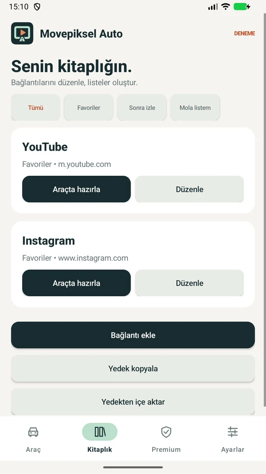 Movepiksel Auto telefon kitaplığında YouTube ve Instagram bağlantıları