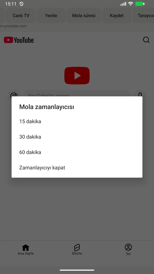 Telefon web önizlemesinde 15, 30 ve 60 dakika zamanlayıcı seçenekleri